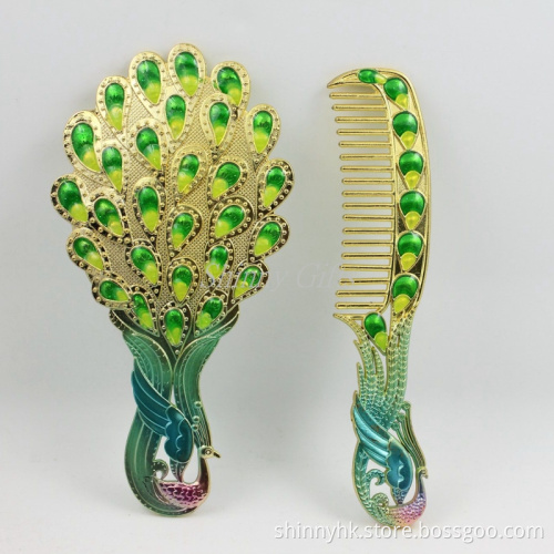 Shinny Gifts Enamel Peacock Tail Design Hand Mirror with Comb Wedding Favor